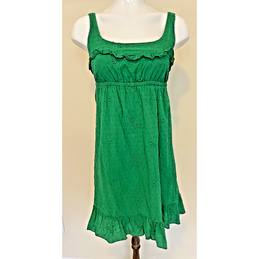 Sam & Max Womens Medium Green Cotton Sleeveless Eyelet Ruffle Front Sun Dress